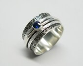 Asian Inspired Water Pattern Sterling Silver Spinner Ring with 3.5mm Medium Blue Sapphire -- Size 7 1/2 with 1/2 inch width READY TO SHIP