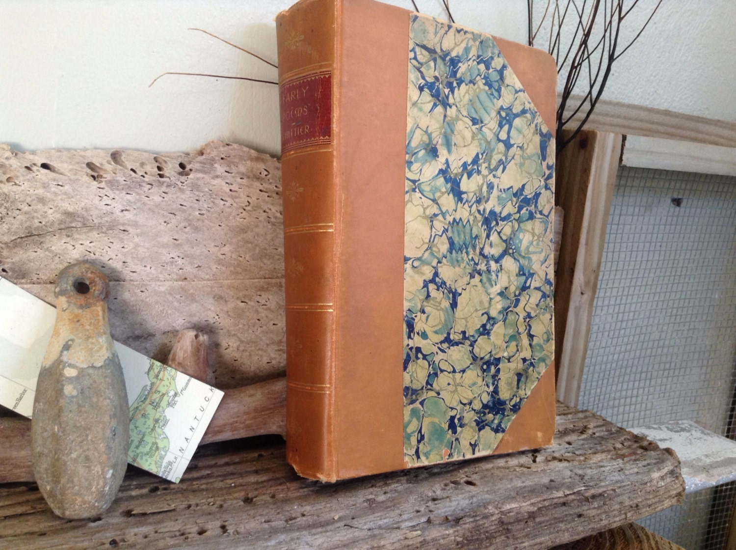 VINTAGE BOOK...Early Poems by Whittier 1895 - New York - First Edition -  rare find - bound marbled