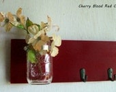 Wood Wall Shelf Fall Rich Cherry Red Color with 2 Black Hooks Bathroom Kitchen Shabby Cottage Chic