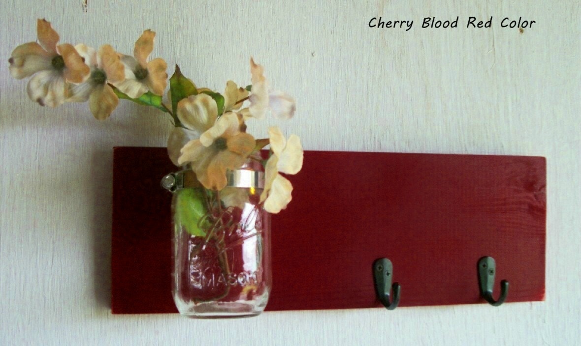 Wood Wall Shelf Fall Rich Cherry Red Color with 2 Black Hooks Bathroom Kitchen Shabby Cottage Chic