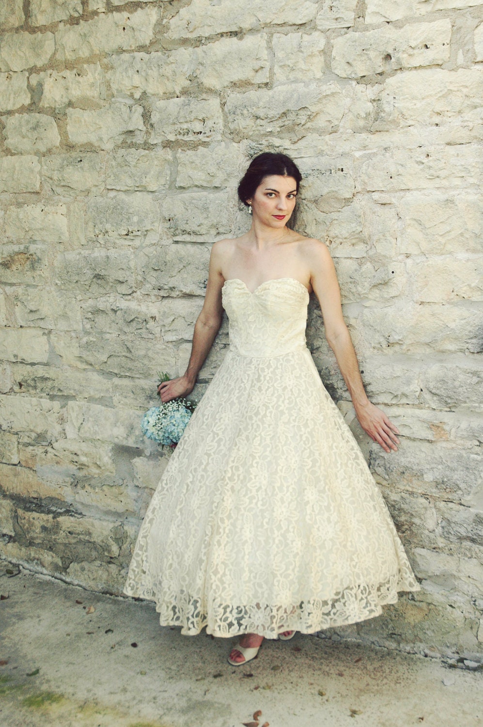 1950s Tea Length Wedding Dress / Vintage Antique Ivory Lace