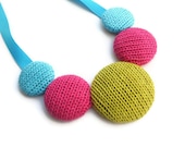 Knitted Cotton Necklace -  Turquoise, Pink and Lime (Free UK Shipping)
