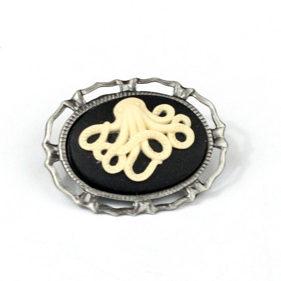 Smaller Steampunk Octopus Cthulhu Tentacle Cream and Black Cameo Brooch Pin with Antiqued Silver Frame by Velvet Mechanism