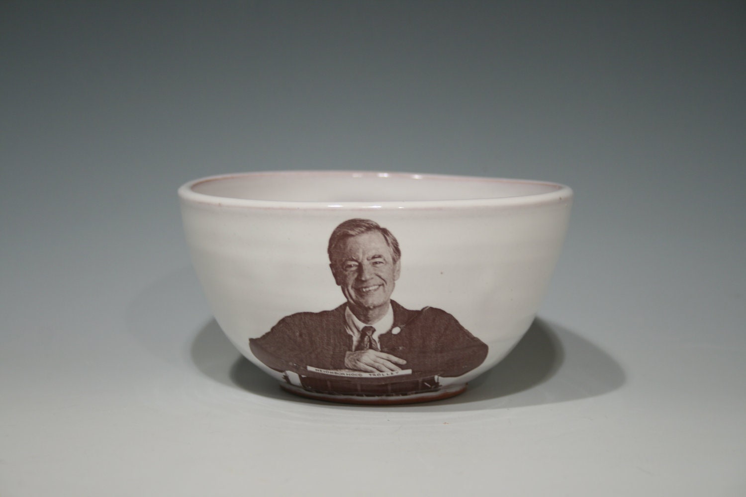 Handmade Mr. Rogers bowl with white glaze