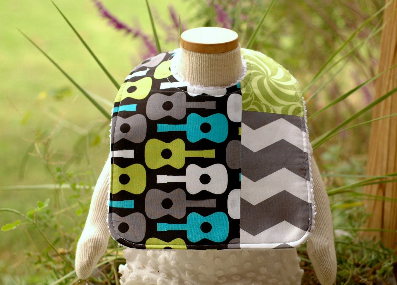 Guitars and Gray Chevron Chenille Infant and Toddler Size Feeding Bib