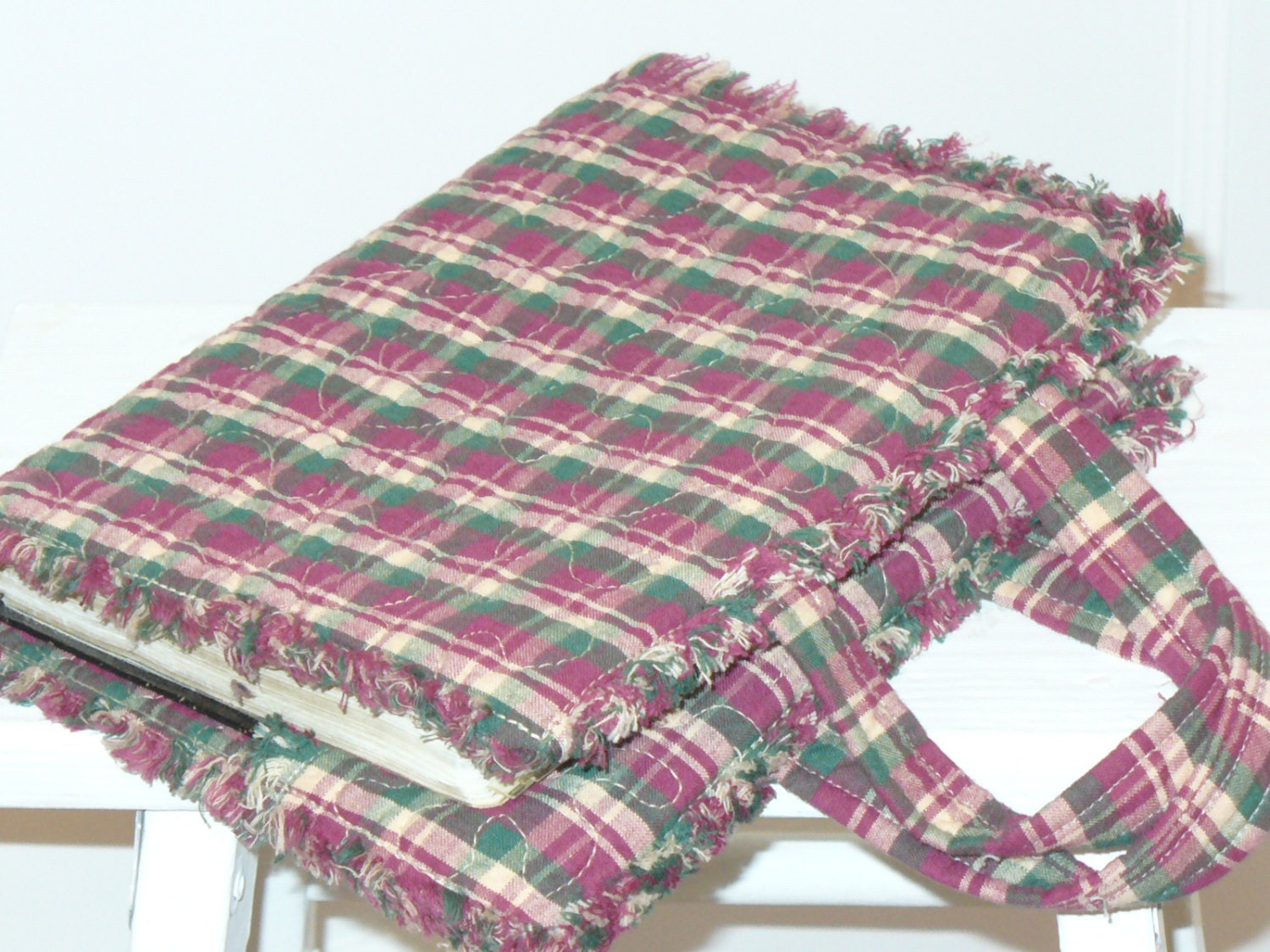 Cranberry Green and Cream Homespun Rag Quilted Bible Book Cover RQQ
