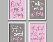 Cute Pink Grey Kiss Me Goodnight Quote Crib Nursery Song Print Artwork Set of 4 Prints Wall Decor Art Picture