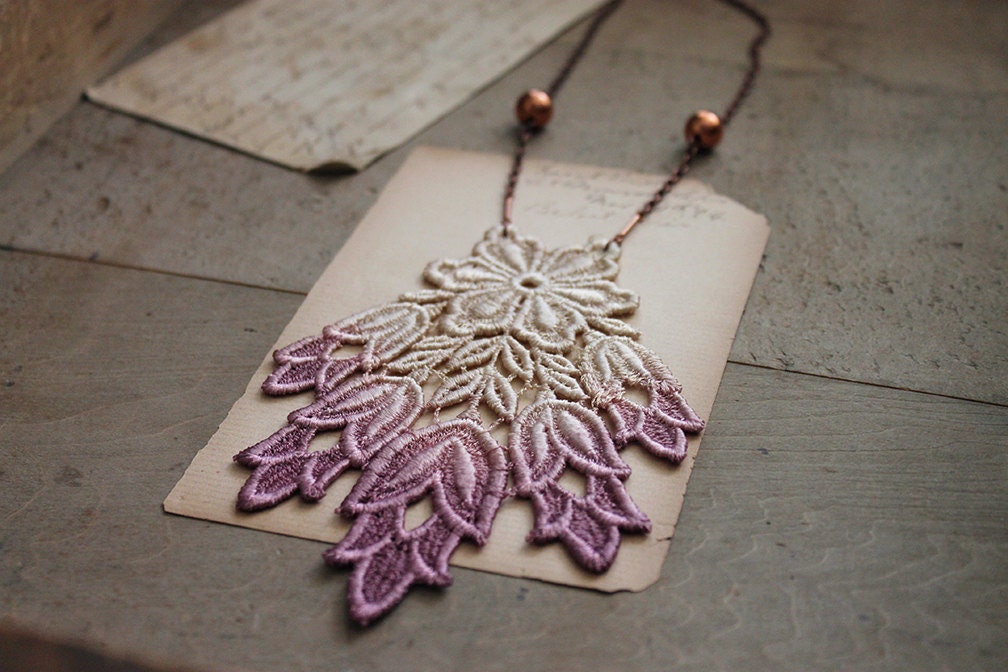 lace necklace- MARISSA- lilac ombre - long necklace -purple