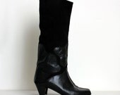 Black Knee Boots 1980s Vintage Faux Leather And Suede Tall Heel Boots Sz 7 1/2 7.5 38