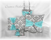 Black and White Madison Damask 4Pc Set- Tiffany Blue