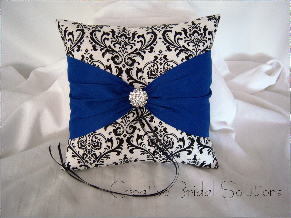 Black and White Madison Damask Ring Pillow- Royal Blue
