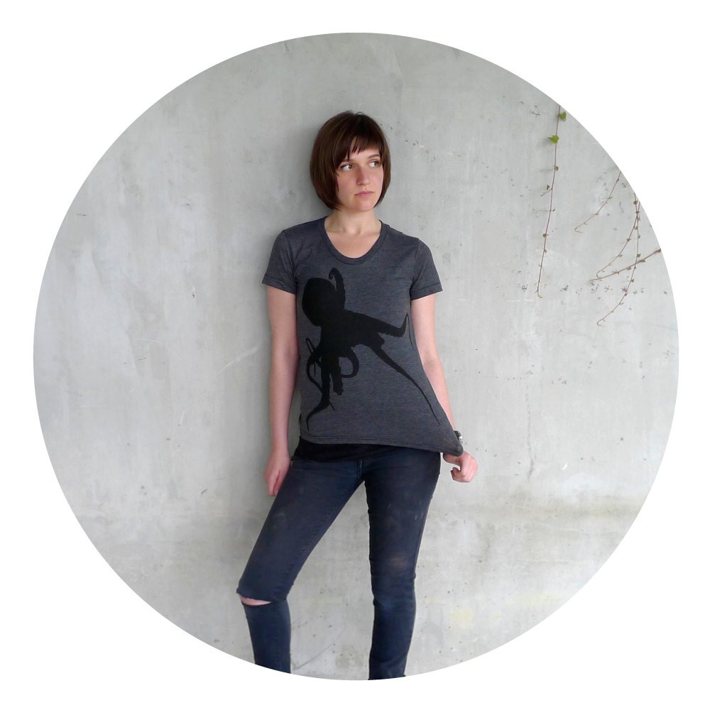 Womens octopus tshirt - S/M/L/XL - nautical screenprint on heather black fashion tees - Sucker for Ink - octopus shirt