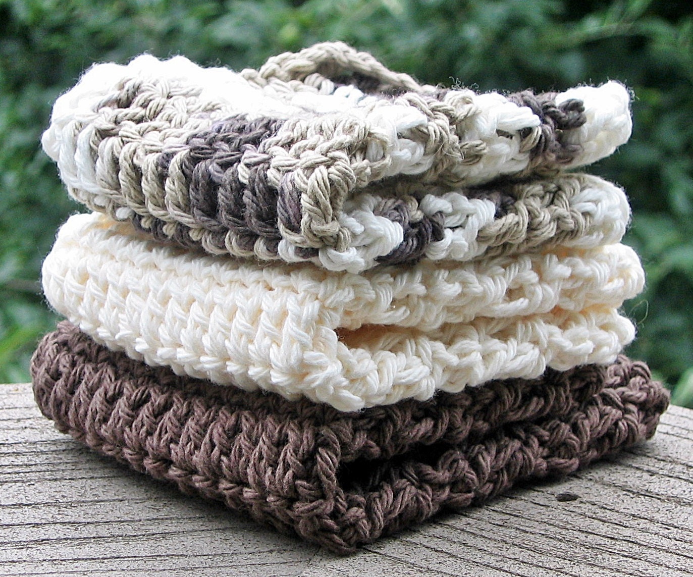 Crochet Cotton Washcloths or Dishcloths Brown & Cream - Set of 3 - Not Your Grandma's Washcloths - Cotton Wash Cloths Dish Cloths