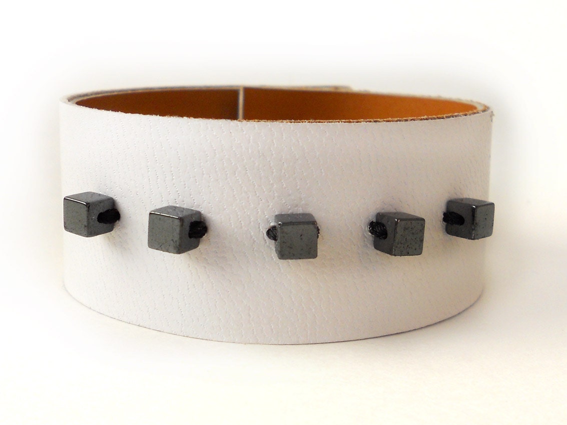 Beaded Leather Cuff Bracelet, Snow White