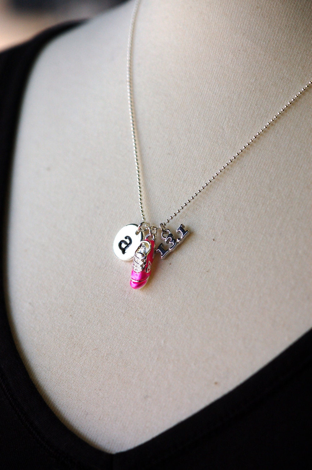 Half Marathon 13.1 mile Running Shoe Charm Necklace . monogram . personalized, custom . silver plated