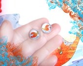 Orange and Blue Studs Happy Whale in metal 10mm. Metal studs earrings.
