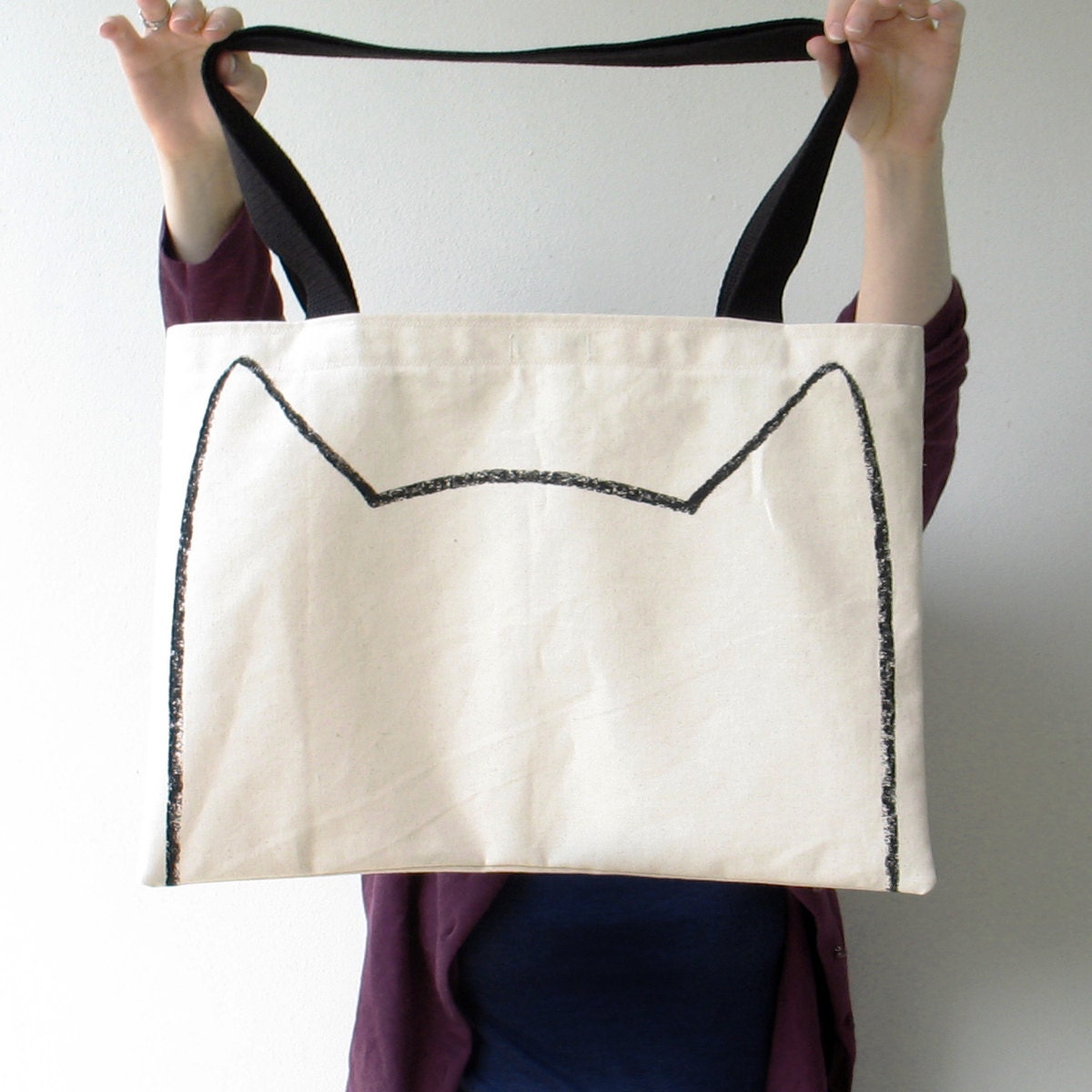 Big Kitty Cat Canvas Tote Bag - screen printed drawing, cat lover, eco friendly