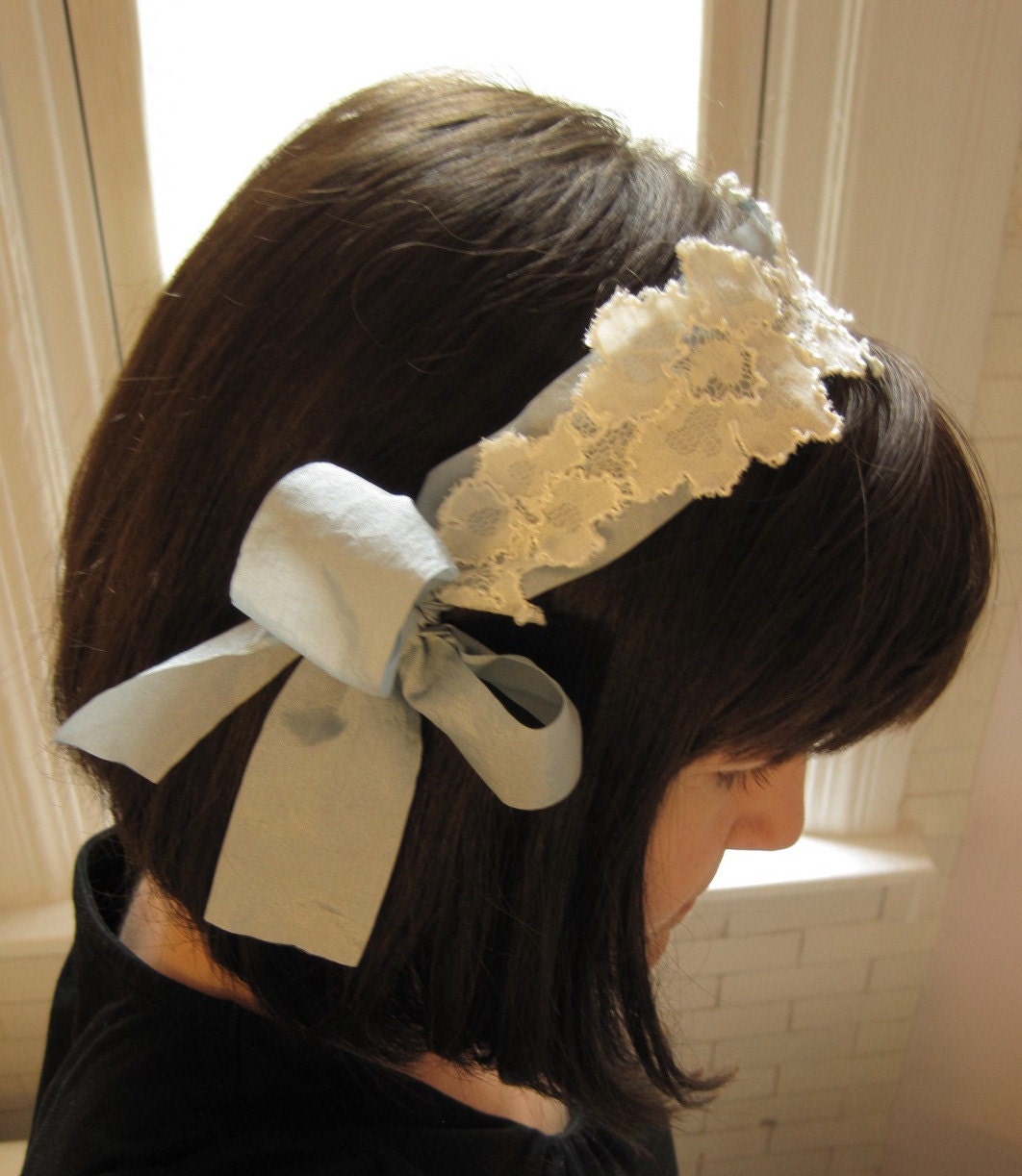 Wedding headpiece - blue gossamer ribbon with ivory lace applique - bridal headband  Made To Order