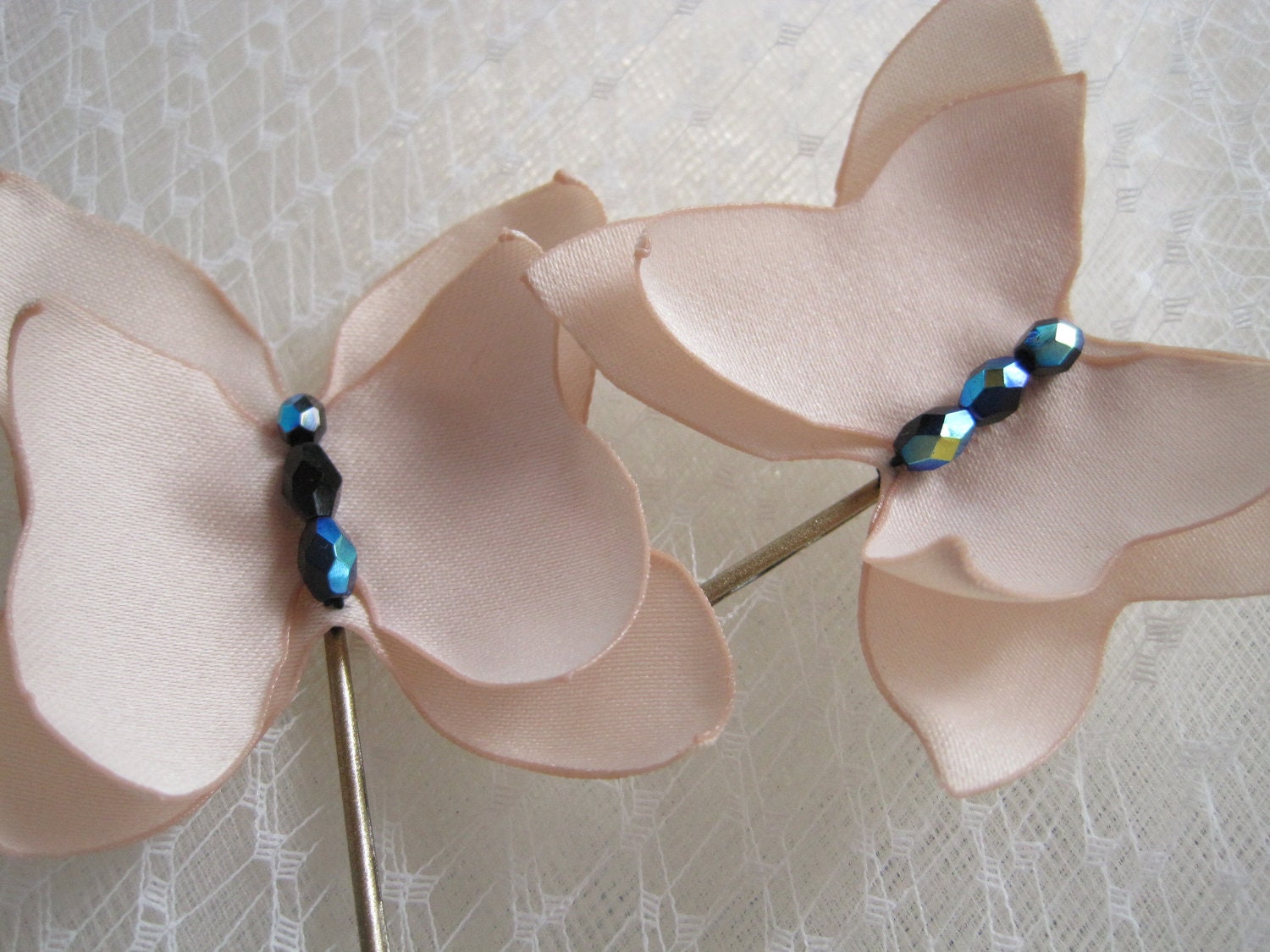 bridal hairpins -  custom set of 2 bobbypins in nude matte satin - Made To Order - BUTTERFLIES