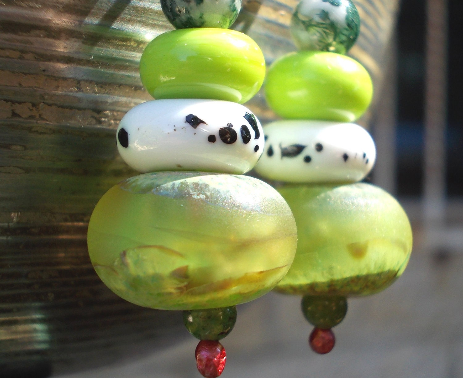 Nature and Men long earrings handmade copper glass lampwork natural gemstones rustic woodland tribal ethnic women peapod pea pod seed