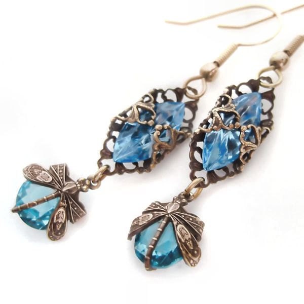 Dragonfly earrings Art Deco style filigree dangle earrings Federikas vintage filigree jewelry, drop earrings