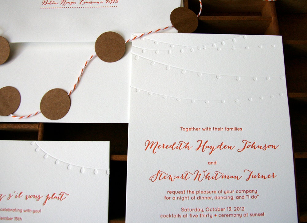 wedding letterpress invitations string of lights