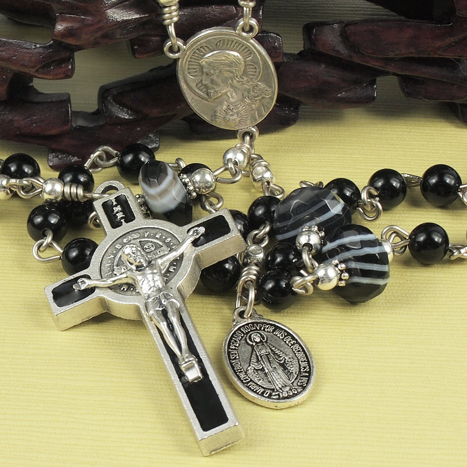  Catholid Rosary by AbbeyForge St. Benedict theme with Black Agate Gemstone