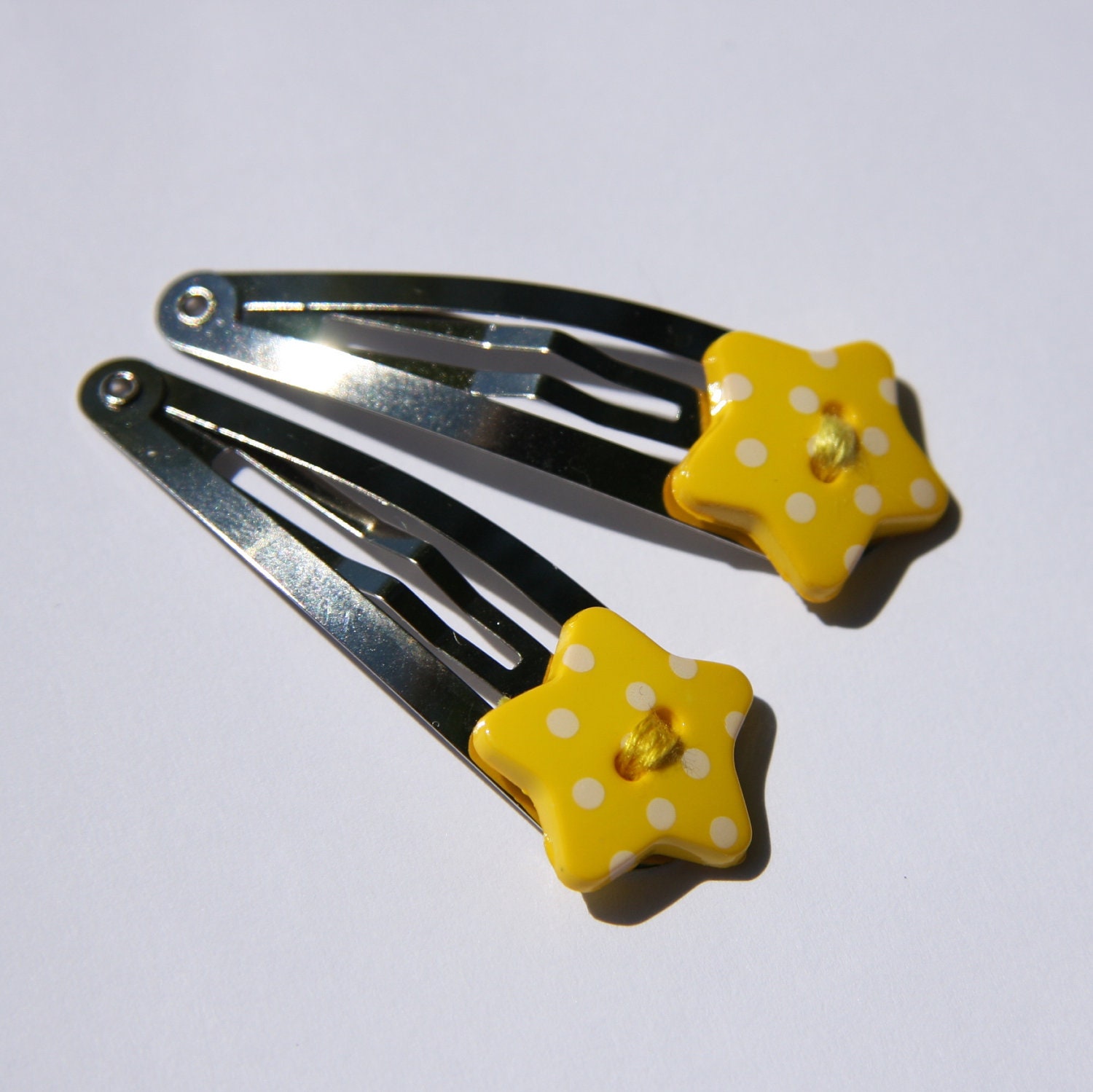 Sunshine yellow polka dot star buttton hair clips - set of 2