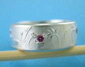 Lotus Ring, Silver Wedding Band, 7mm or 5.5mm, Pink Tourmaline, Narrow Unisex - LOTUSLAND, SymBand Collection