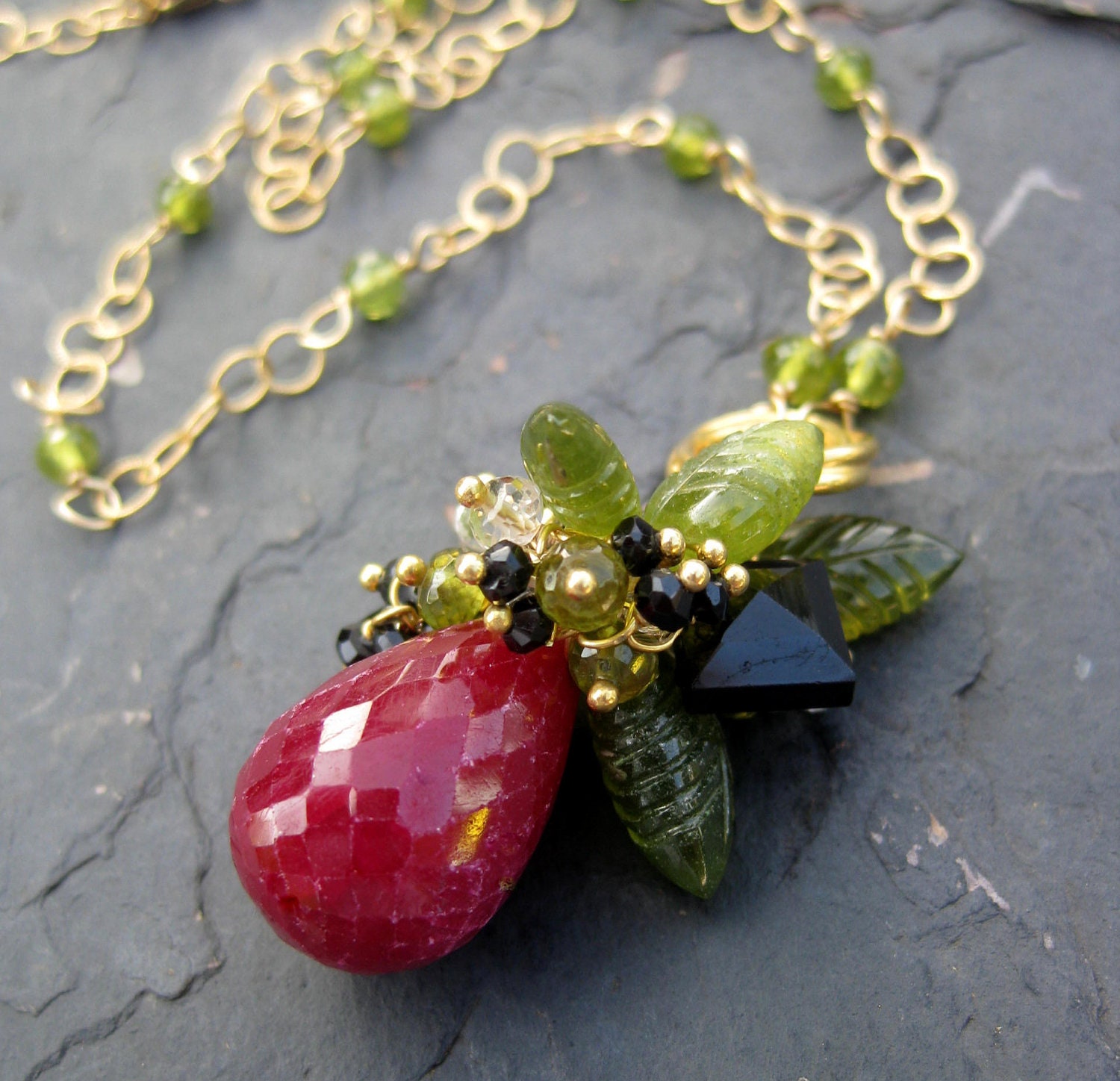 Ruby necklace 14k gold fill woodland leaves fairy tale sleeping beauty wicked stepmother cluster strand beaded gemstone jewelry -Rose Red-