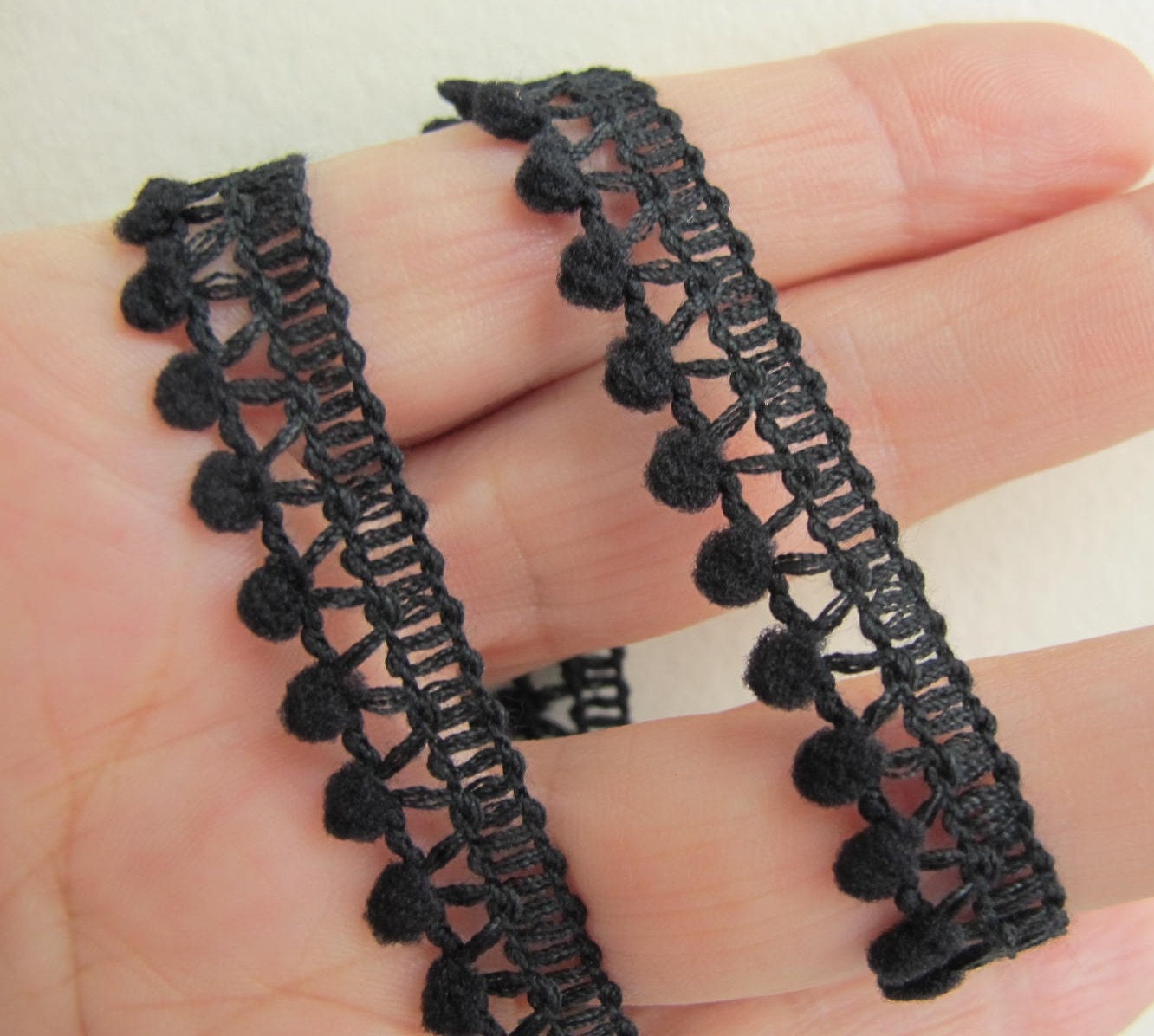 5 yards (4.5 meters) Mighty Mini Pom Pom Ball Fringe passementerie braid. BLACK. 1/8 inch (5mm). 670-030