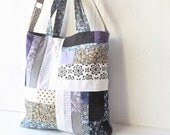Purple Black Patchwork Bag - Ladies College Bag - Tote Handbag - Recycled Purses Fabric Totes - Pretty Book Bicycle Bag