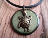 Turtle Necklace Olive Green Copper Enamel pendant necklace