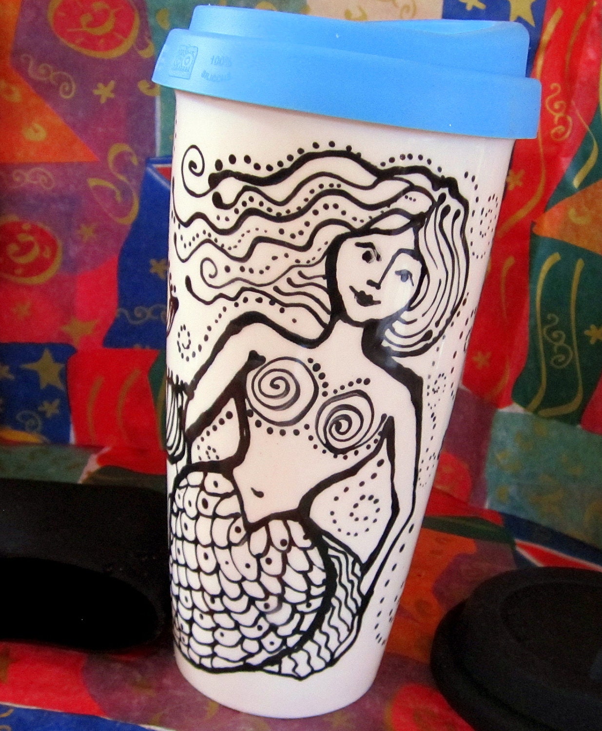 Mermaid "Flesh & Bones"  Glazed Travel Mug with Colorful Silicone Lid, Black Lid and Sleeve