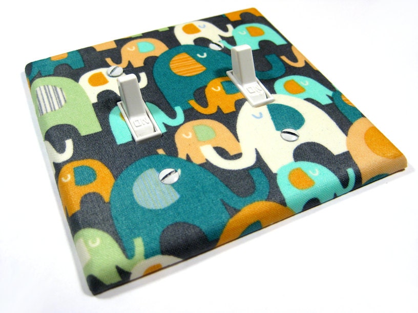 Double Light Switch Cover Splash Elephant Nursery Decor Emerald Green Orange Cream Gray Wall Art Decoration