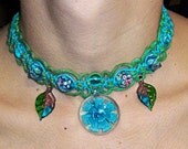 Blue Lotus Chakra Flower Necklace with Lampwork Beads and Glass Leaf Pendants - Choker Hemp Jewelry