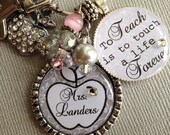 Teacher Gift  PERSONALIZED Name -Inspirational -Silver Pendant Necklace - Special Teacher Charm, Christmas Gift, Gray scroll