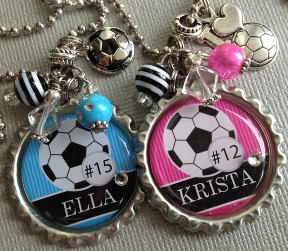 Soccer Necklace, Team Colors with Personalized Name and Number Bottle Cap Necklace  - Club, All Star, Team Party