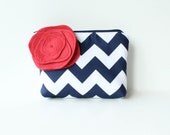 Chevron Cosmetic Bag and Flower Brooch, Navy and Red, Bridesmaid Gift, Zipper Pouch Make Up Bag