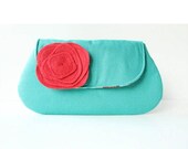 Clutch Purse, Aqua and Red, Bridesmaid Clutch, Wedding Clutch, Envelope Clutch, Personalized Gift, Choose Colors