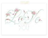 Love, Typography, Giclee, Art Print, Love You, Valentine, Vintage Wallpaper, Shabby Pink Roses, Home Decor, Nursery Art