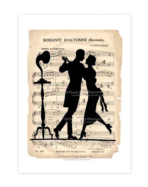 Art Deco, Art Print, Dancing Couple, Vintage Music Sheet, Gramaphone, 1920s, Flapper, Silhouette, Valentine, Giclee