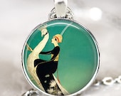 Art deco jewelry ,Art deco pendant  Vogue of Woman and White Peacock  , green  resin art pendant necklace  with gift box
