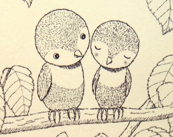 Print of Original Ink Drawing Love Birds Woodland Illustration Black & White Ivory 4x6 MiKa