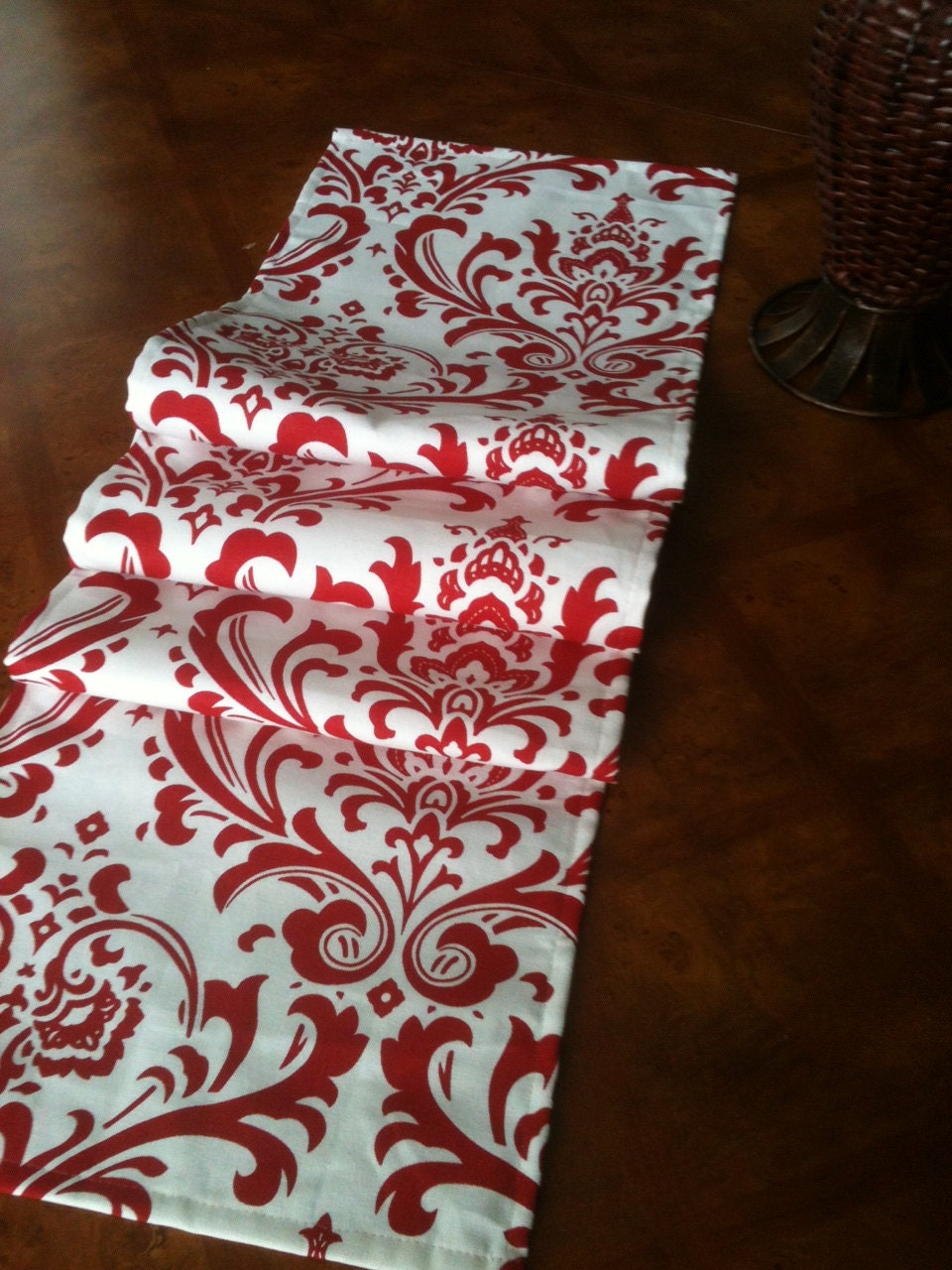 Red and White Damask Table Runner 12in x 76in - Lined