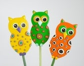 Owl Garden Stakes - Ornament, Table Decorations for Birthday or Shower, Yellow, Orange, Green set of 3