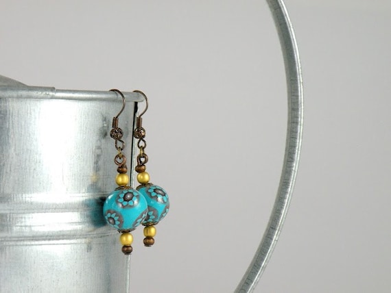 Dangle Earings, Turquoise Blue and Brown Beaded Earings, Gold Ball Earings