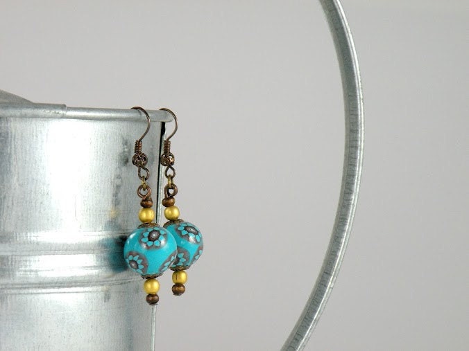 Dangle Earings, Turquoise Blue and Brown Beaded Earings, Gold Ball Earings