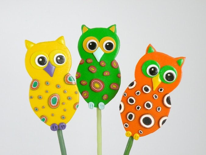 Owl Garden Stakes - Ornament, Table Decorations for Birthday or Shower, Yellow, Orange, Green set of 3
