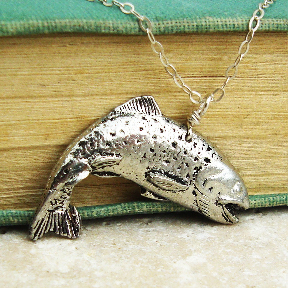 Trout Necklace Pendant. Antiqued Pewter and Sterling Silver Necklace